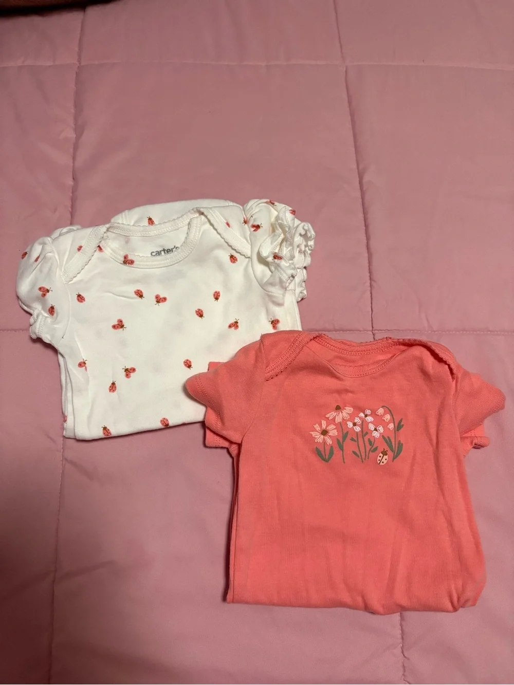 Carter's White & Coral Baby One-Piece Bodysuits - Floral & Ladybug Prints